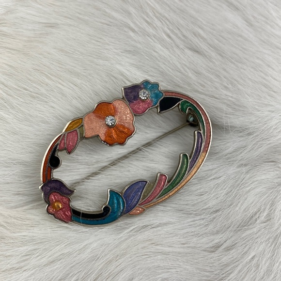 Vintage Cloissonne Enamel Broach Silver Toned Metal - Picture 3 of 3